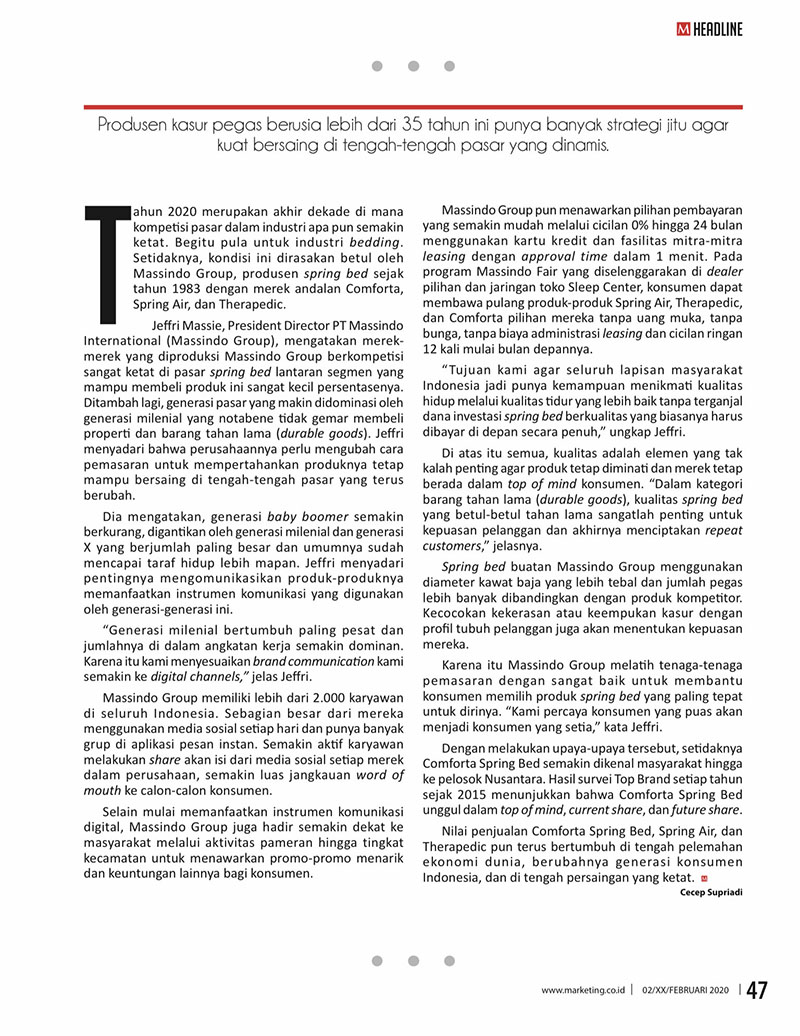Comforta Menjadi Highlight di Majalah Marketing Februari 2020